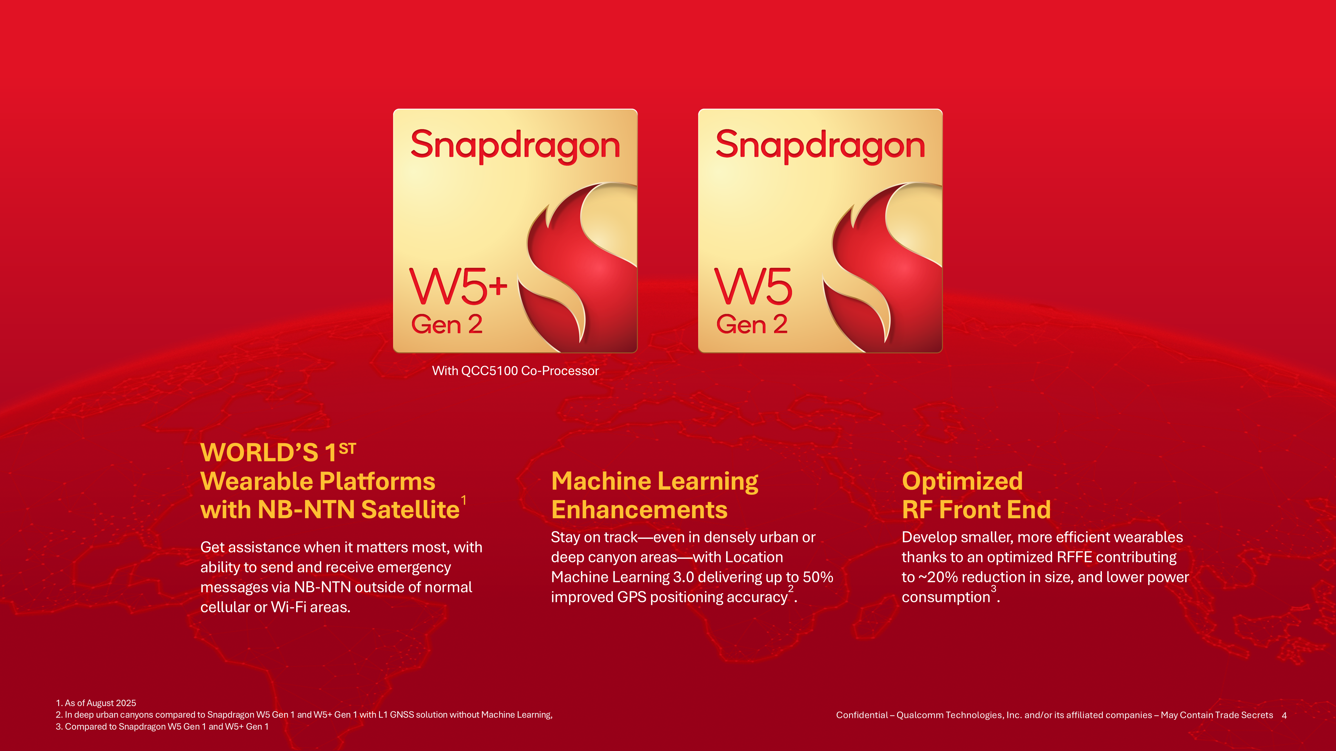 An official press slide showing icons for the Qualcomm Snapdragon W5 Gen 2 and W5 Plus Gen 2 chips, with data on them being the first wearable platform with NB-NTN satellite, machine learning GPS enhancements, and optimized GPS accuracy with machine learning.