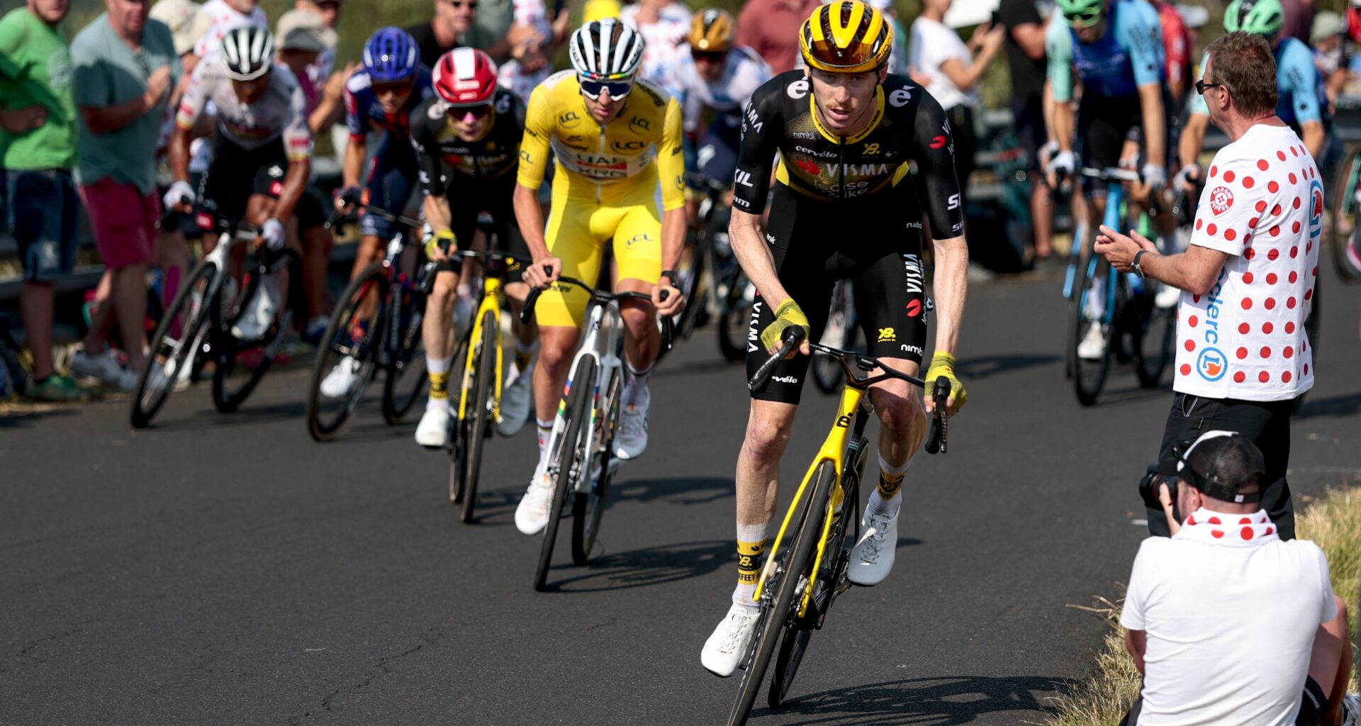 American Matteo Jorgenson of Team Visma/Lease a Bike and Slovenian Tadej Pogacar of UAE Team Emirates-XRG pictured in action during stage 10 of the 2025 Tour de France cycling, from Ennezat to Le Mont-Dore Puy de Sancy (169 km), on Monday 14 July 2025 in France. The 112th edition of the Tour de France starts on Saturday 5 July in Lille, France, and will finish in Paris, France on the 27th of July. BELGA PHOTO DAVID PINTENS (Photo by DAVID PINTENS / BELGA MAG / Belga via AFP) (Photo by DAVID PINTENS/BELGA MAG/AFP via Getty Images)