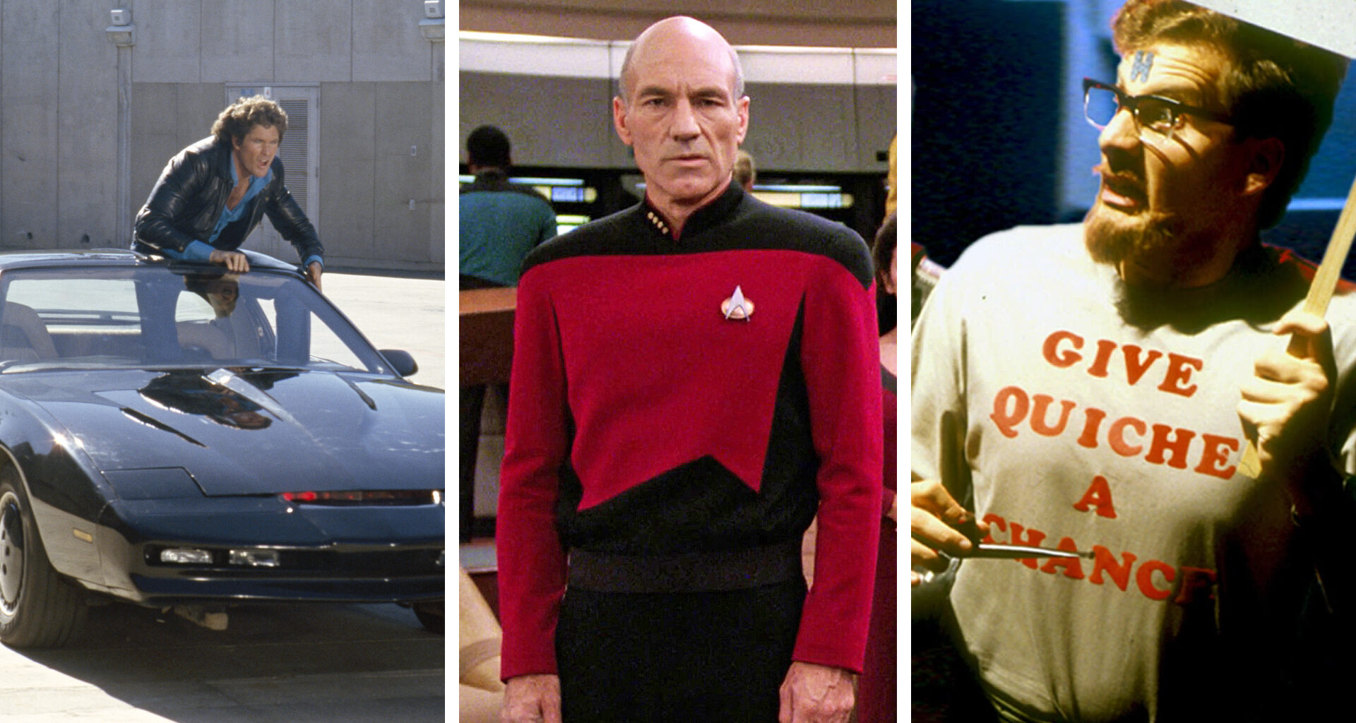 Split image showing a scene from three sci-fi shows: Knight Rider (Left), Star Trek: The Next Generation (Middle), and Red Dwarf (Right).