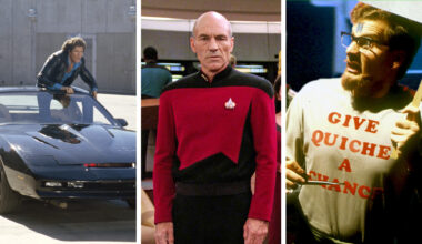 Split image showing a scene from three sci-fi shows: Knight Rider (Left), Star Trek: The Next Generation (Middle), and Red Dwarf (Right).