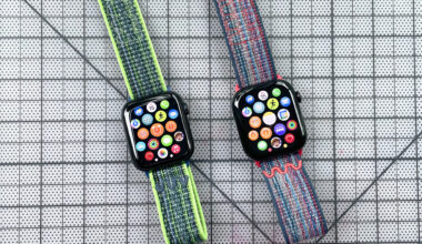 Close-up of an Apple Watch SE 2022 and Apple Watch Series 10; the former has a Nike Sport Loop dupe attached and the latter has the actual Nike Sport Loop strap