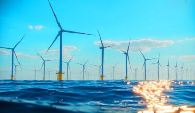 Illustration of recyclable turbine blades being installed at the Sofia Offshore Wind Farm.