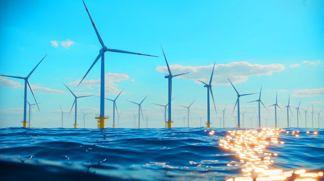 Illustration of recyclable turbine blades being installed at the Sofia Offshore Wind Farm.