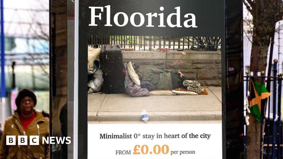 An advertising campaign shows a billboard with the slogan "Floorida". The poster has an image of someone sleeping on the ground, on a pavement, and reads "minimalist 0* stay in heart of the city". It has a made-up company name called Street Escapes.