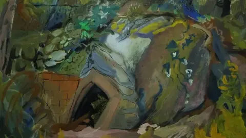 Robjn Cantus A close up of an impressionistic landscape, painted in varies shades of green and flashes of yellow. It shows a hillside, part held up by a brick wall, and a dark opening into the hill. 