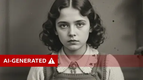 Facebook An AI generated black and white image of a young girl with shoulderlength hair, wearing a knitted jumper with a collar and an apron. She is looking directly into the camera while knitting. 