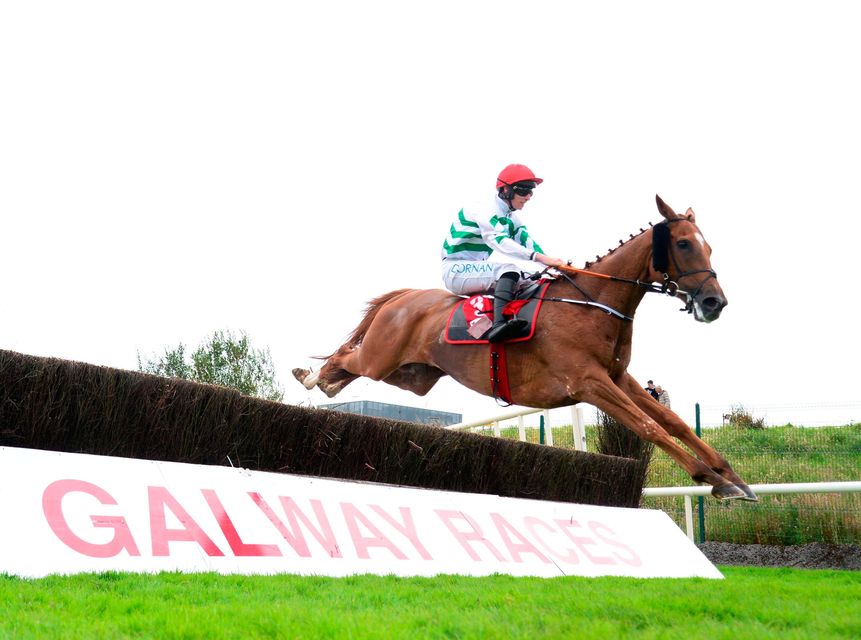Zanahiyr, under jockey Jack Kennedy, flies over a fence on the way to winning the Kinlay Hostel Chase at Galway. Photo: PA Wire