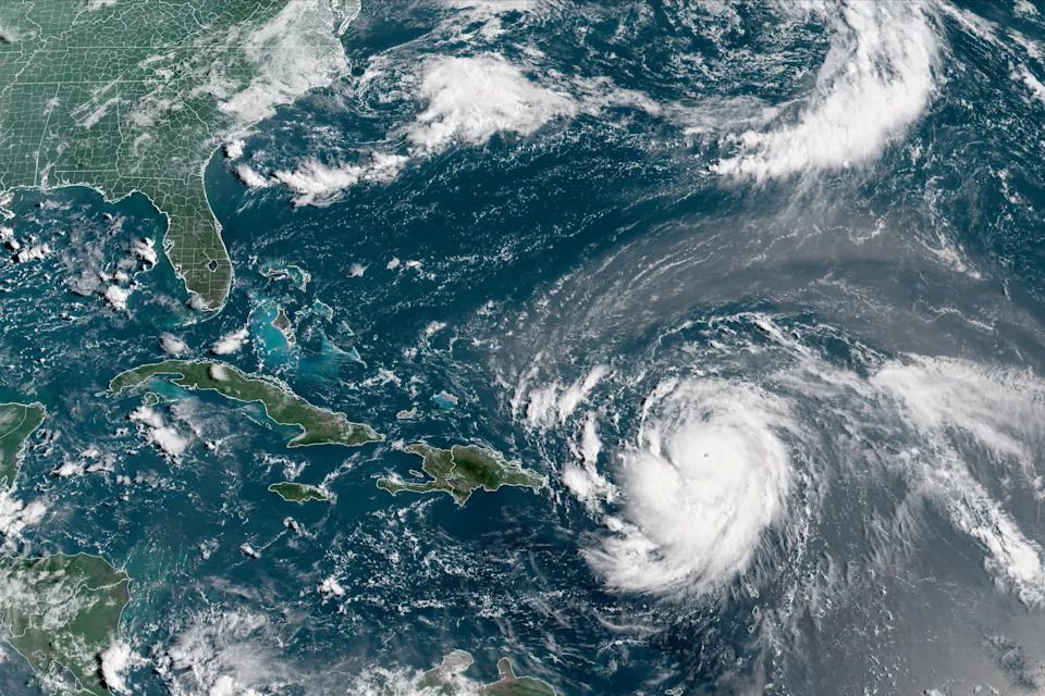 Hurricane Erin, which is the first hurricane of the 2025 Atlantic season and has developed into a dangerous Category 4 hurricane, moves westward near Puerto Rico in a composite satellite image August 16, 2025.  CIRA/NOAA/Handout via REUTERS   THIS IMAGE HAS BEEN SUPPLIED BY A THIRD PARTY