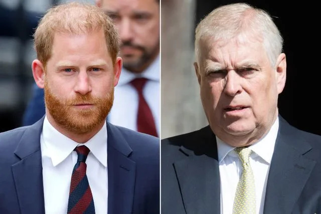 Max Mumby/Indigo/Getty; Samir Hussein/WireImage Prince Harry in April 2025; Prince Andrew in April 2025.
