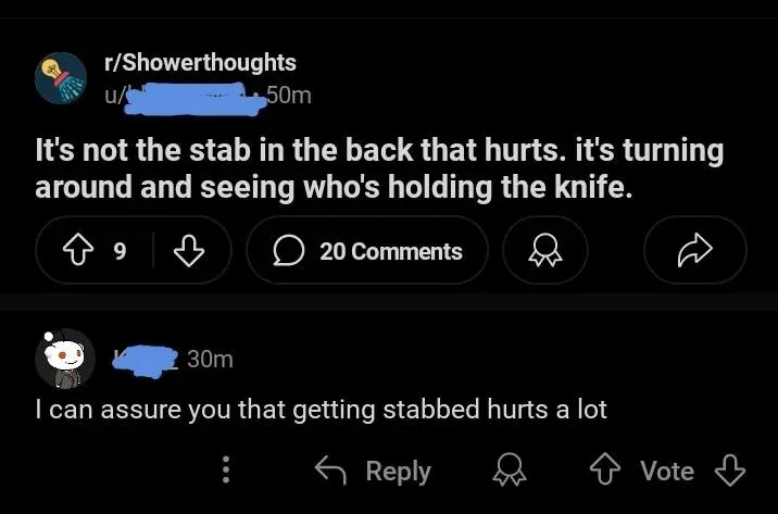 A Reddit post discusses betrayal with a humorous reply noting the physical pain of being stabbed