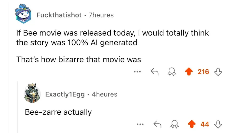 Reddit comment joking about "Bee Movie" seeming AI-generated, with a pun reply saying "Bee-zarre."