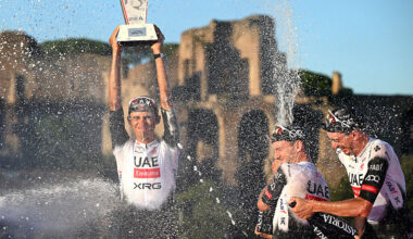 ROME, ITALY - JUNE 01: Second place winner - Isaac Del Toro of Mexico, Adam Yates of Great Britain and Brandon McNulty of The United States of Team UAE Team Emirates - XRG celebrate at podium as best team during the 108th Giro d'Italia 2025, Stage 21 a 144.8km stage from Rome to Rome / #UCIWT / on June 01, 2025 in Rome, Italy. (Photo by Dario Belingheri/Getty Images)