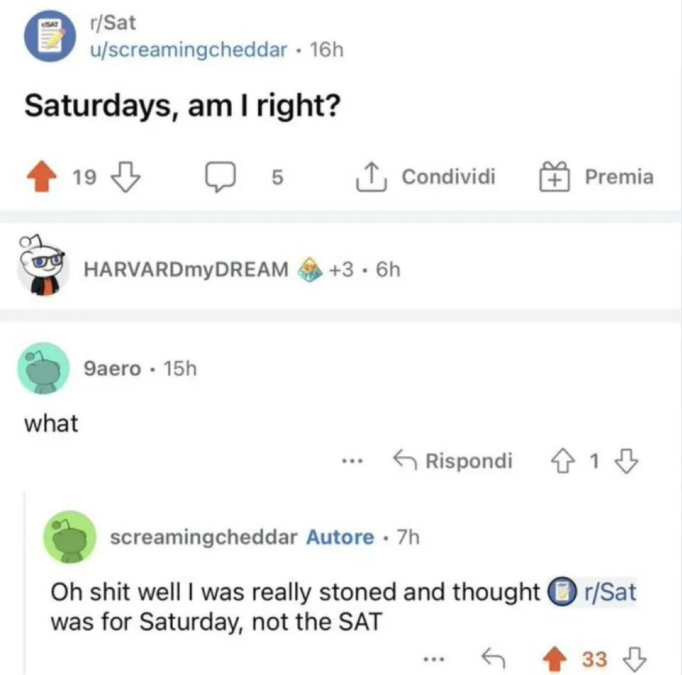 Reddit thread where user admits mistakenly confusing a subreddit tag with the day of the week while responding to a post