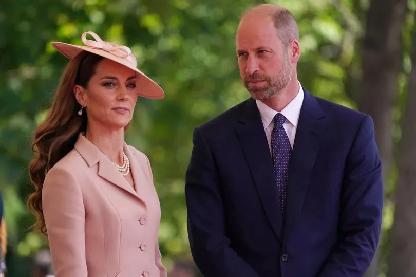WINDSOR, ENGLAND - JULY 8: Catherine, Princess of Wales and Prince William, Prince of Wales welcome French President Emmanuel Macron and his wife Brigitte Macron (not pictured) to Windsor Castle on July 8, 2025 in Windsor, England. President Emmanuel Macron and Mrs Brigitte Macron visit the UK in the first visit State Visit made by France in 17 years. They are staying at Windsor Castle, hosted by King Charles III and Queen Camilla, and a banquet will be held there in their honour. The Macrons will visit Imperial College, and the President will address Parliament during his stay.  (Photo by Alberto Pezzali - WPA Pool/Getty Images)