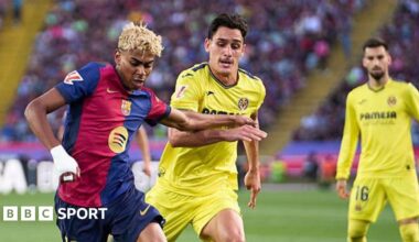 Barcelona's Yamine Yamal competing for the ball with Villarreal's Sergi Cardona during a La Liga match last season.
