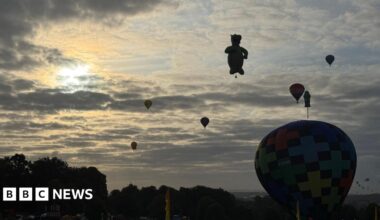 Eight hot air balloons, with one in the shape of a dragon and another as a screwdriver, silhouetted against the sky on a cloudy day.