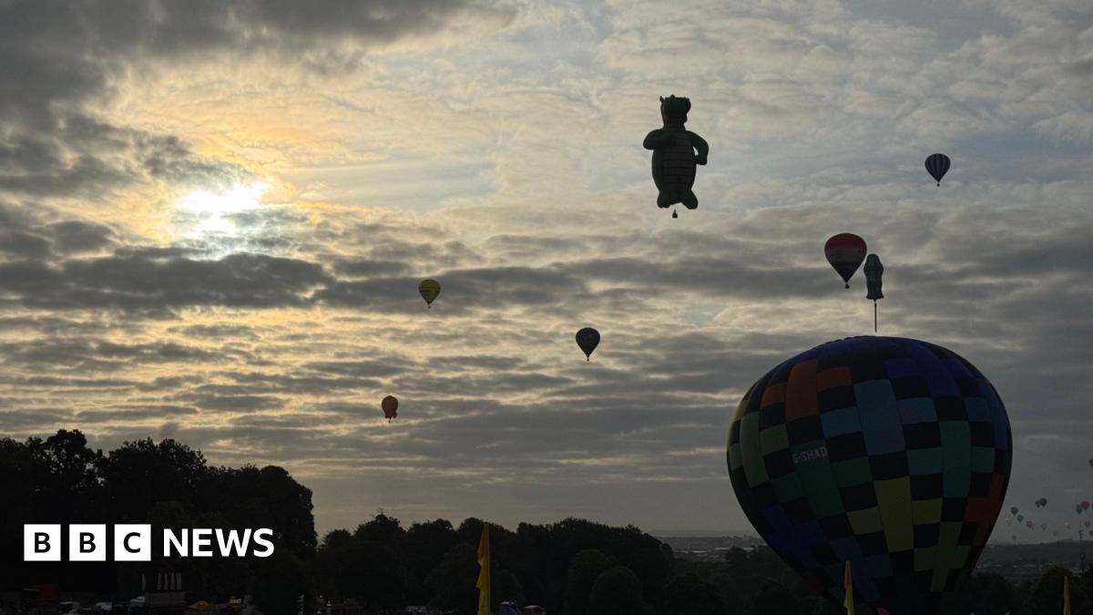 Eight hot air balloons, with one in the shape of a dragon and another as a screwdriver, silhouetted against the sky on a cloudy day.