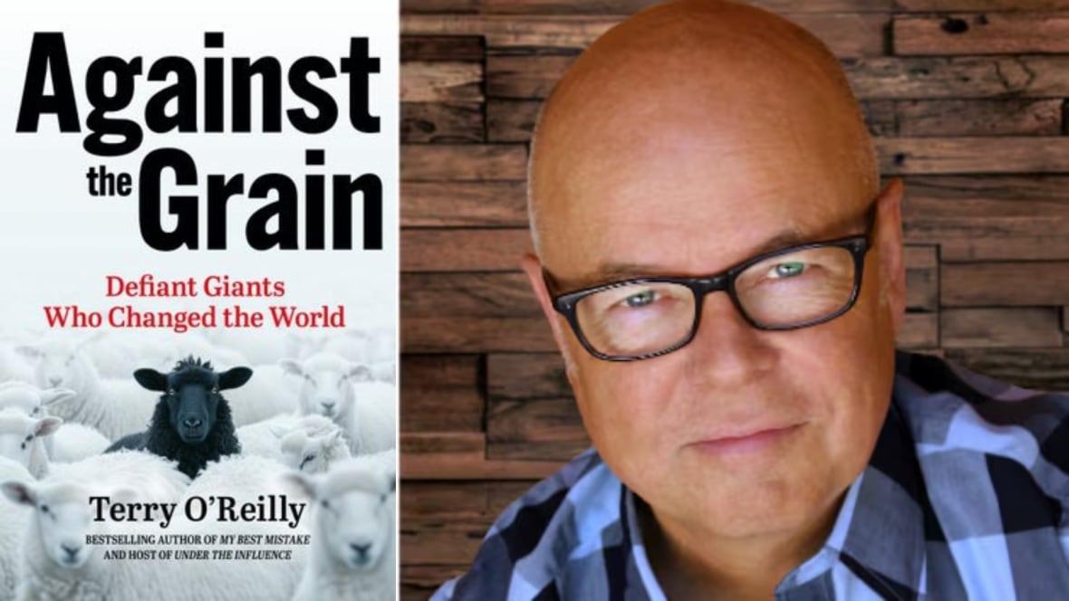 A photo composite that features a book cover with a black lamb in the midst of a group of white lambs and a photo headshot of a man wearing black glasses. 