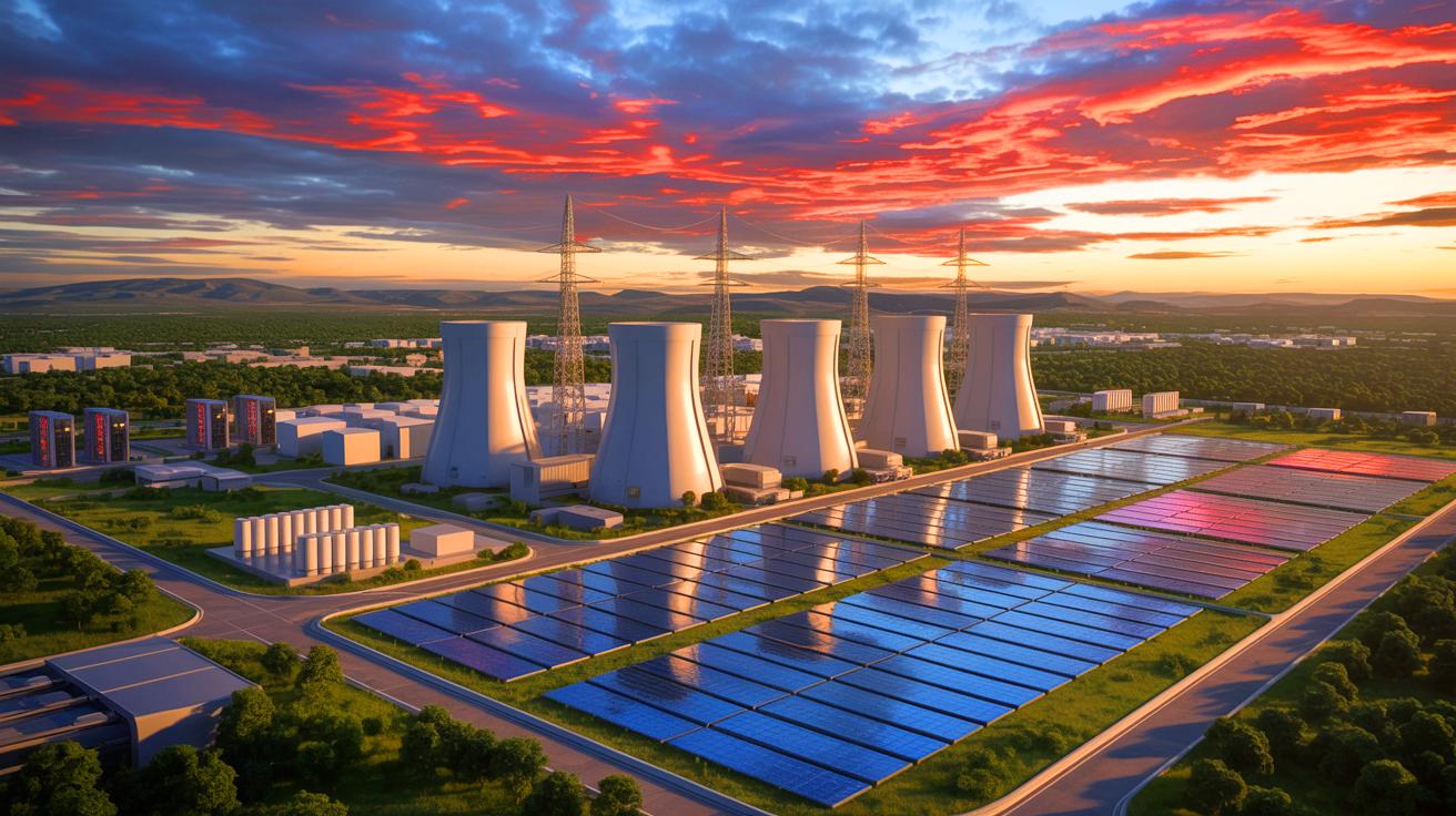 Illustration of the HyperGrid campus integrating nuclear, natural gas, solar, and battery storage technologies to power AI workloads in Texas.