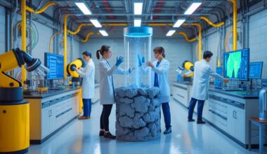 Illustration of researchers at the University of Southern California developing AI for carbon-neutral concrete solutions.