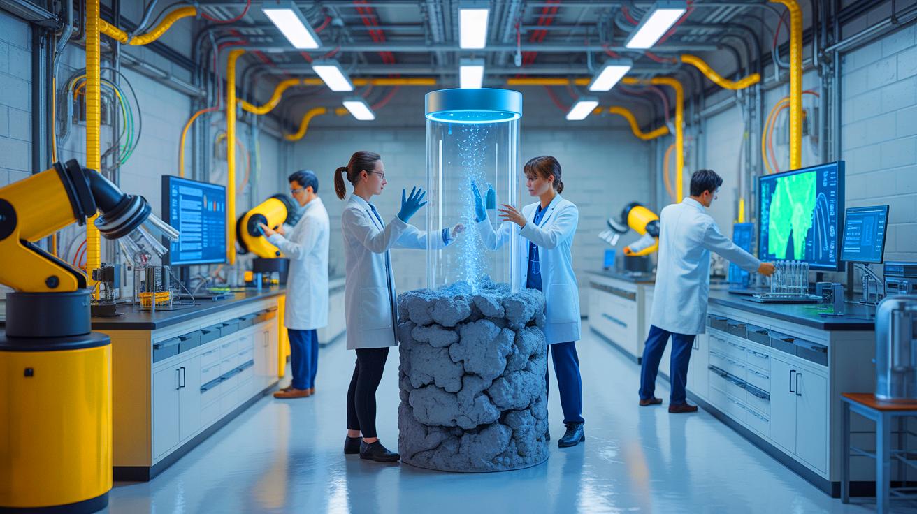 Illustration of researchers at the University of Southern California developing AI for carbon-neutral concrete solutions.
