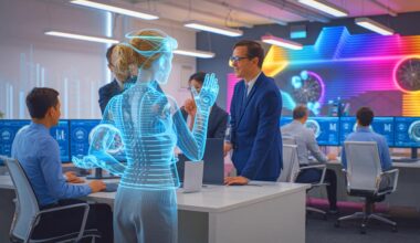 Illustration of a digital clone representing an employee's expertise in a workplace setting.