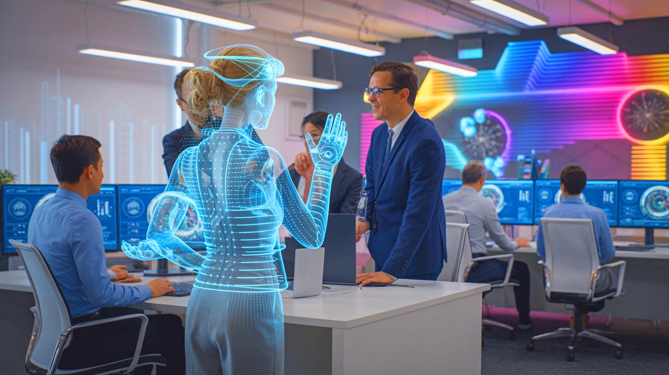 Illustration of a digital clone representing an employee's expertise in a workplace setting.