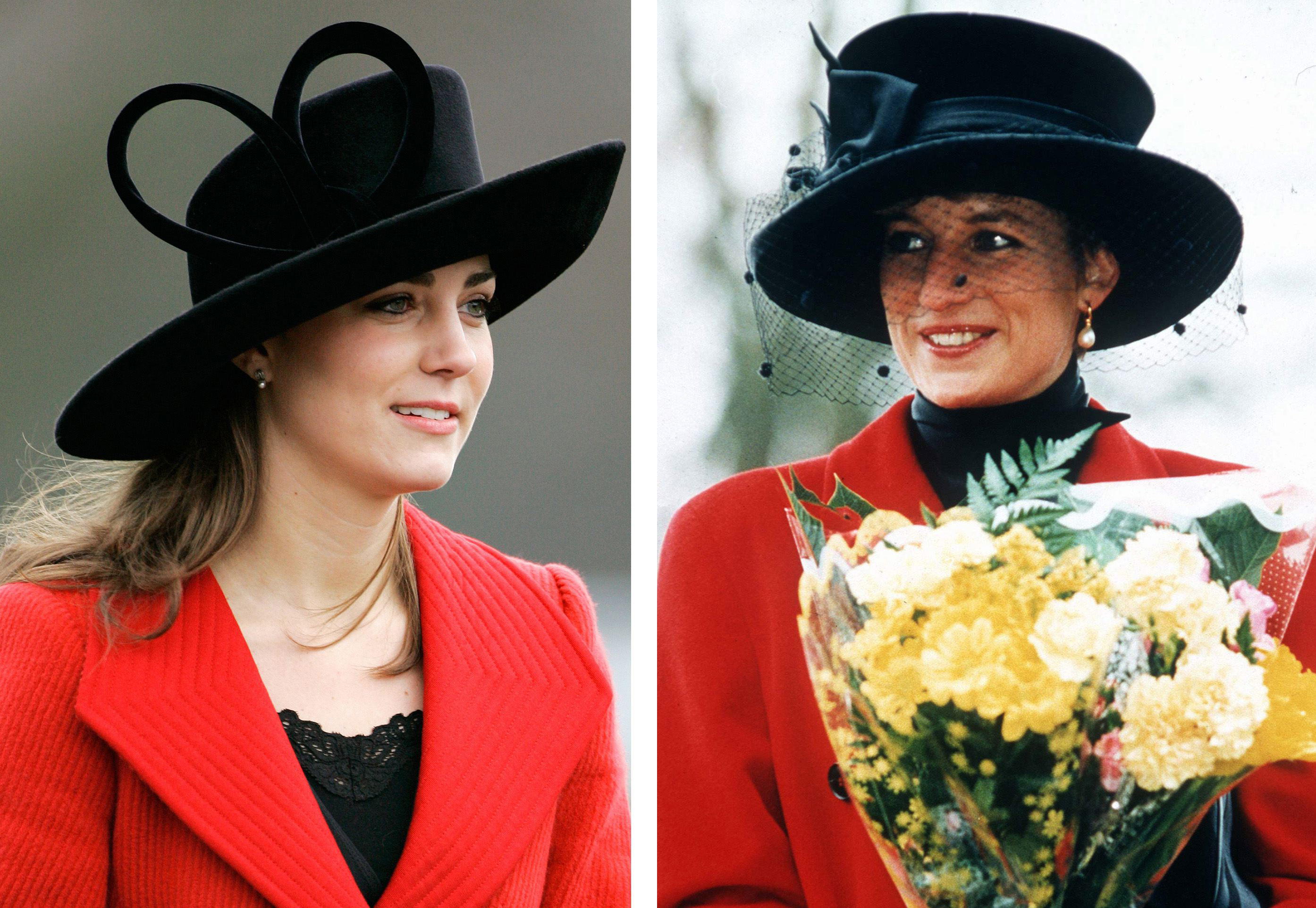(FILE PHOTO) In this photo composite image a comparison has been made between, Left; SURREY, ENGLAND - DECEMBER 15: Kate Middleton, Prince William's girlfriend, attends the Sovereign's Parade at Sandhurst Military Academy to watch the passing-out parade on December 15, 2006 in Surrey, England. (Photo by Tim Graham Photo Library via Getty Images) and Right; SANDRINGHAM, UNITED KINGDOM - DECEMBER 25: Princess Diana At Sandringham On Christmas Day. The Princess Is Wearing A Red Coat And A Broad-brimmed Black Hat. She Is Carrying A Bouquet Of Flowers. (Photo by Tim Graham Picture Library/Getty Images). Kate Middleton will be celebrating her 26th Birthday on January 9, 2008.