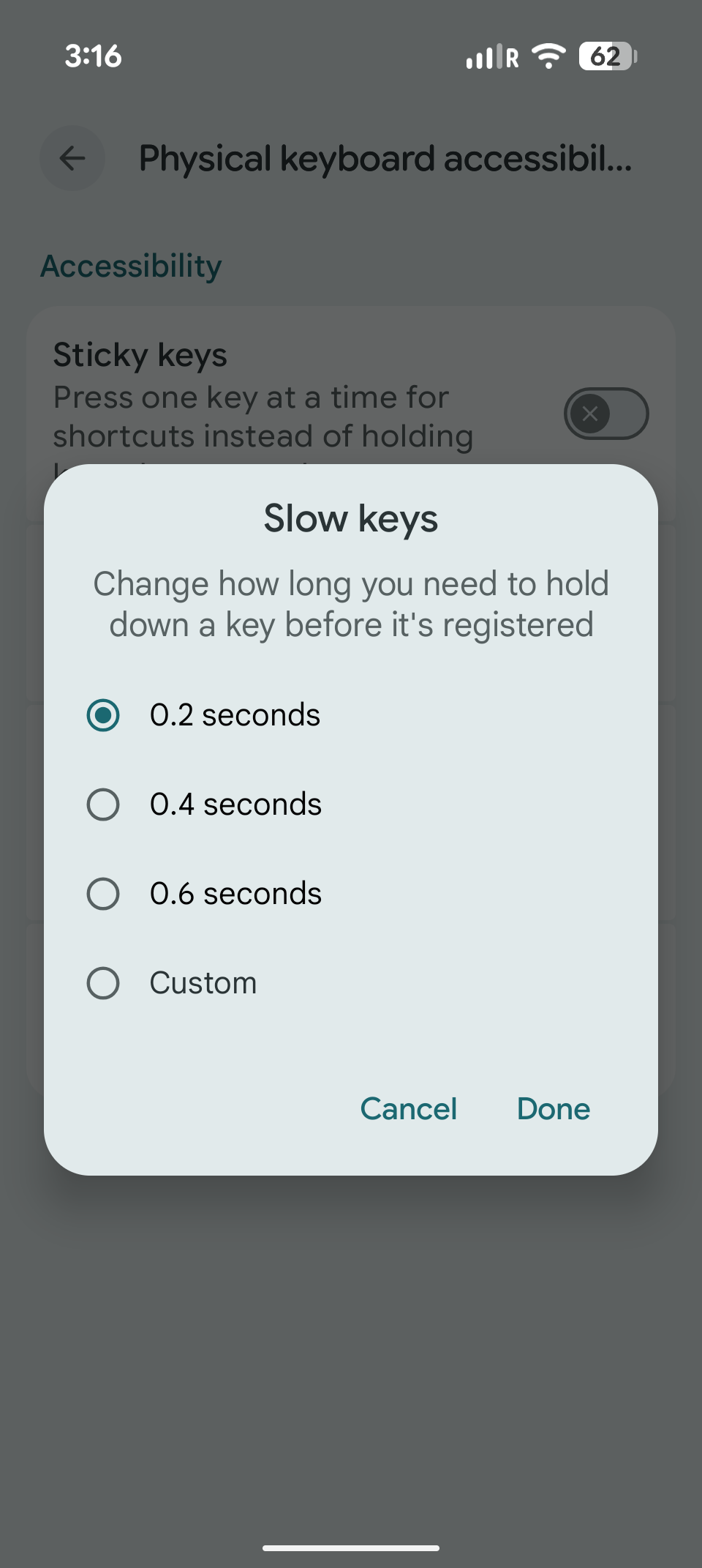android screenshot physical keyboard settings accessibility slow keys