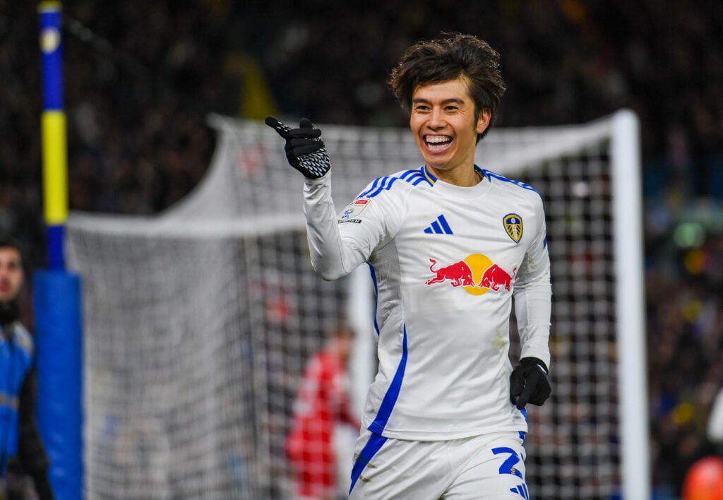 Ao Tanaka celebrates scoring for Leeds United.