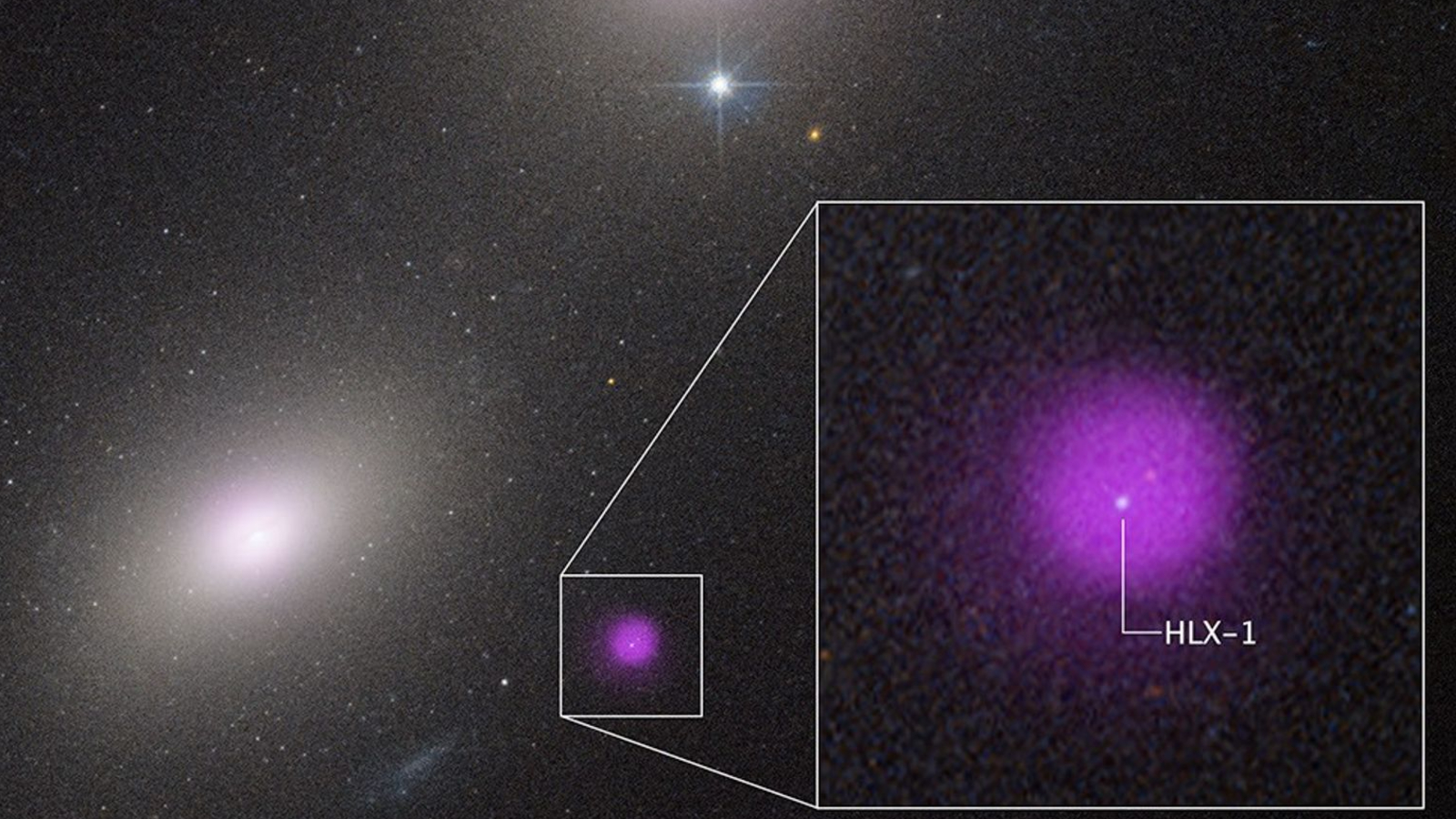 Photo of space showing a bright purple blob of X-ray light next to a galaxy
