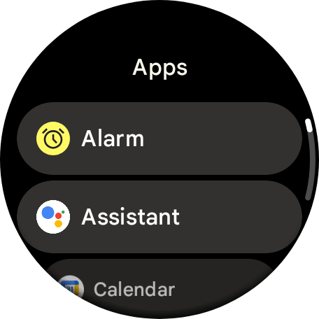 Wear OS app screen with multiple app icons including Camera and Contacts