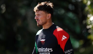LONDON COLNEY, ENGLAND: Ben White of Arsenal looks on during a training session and press conference ahead of their UEFA Champions League 2024/25 q...