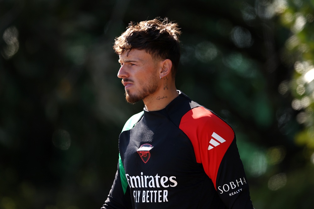 LONDON COLNEY, ENGLAND: Ben White of Arsenal looks on during a training session and press conference ahead of their UEFA Champions League 2024/25 q...