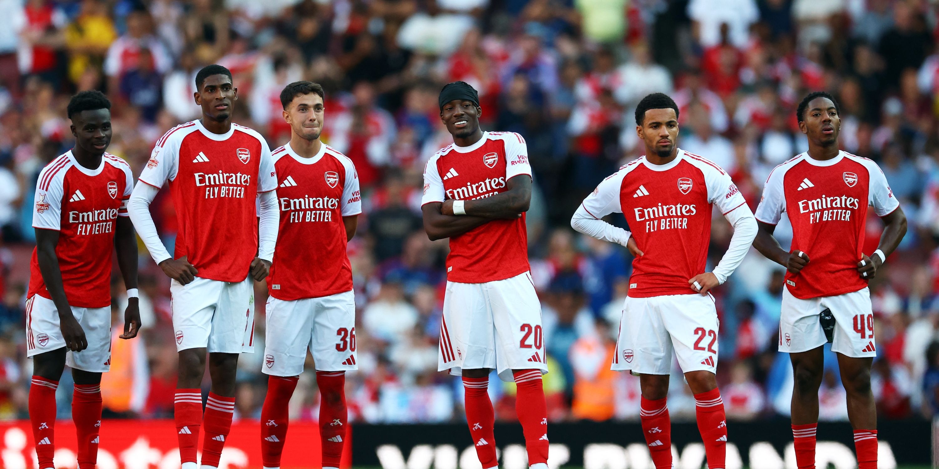 Arsenal's Bukayo Saka, Arsenal's Cristhian Mosquera, Arsenal's Martin Zubimendi, Arsenal's Noni Madueke, Arsenal's Ethan Nwaneri and Arsenal's Myles Lewis-Skelly line up