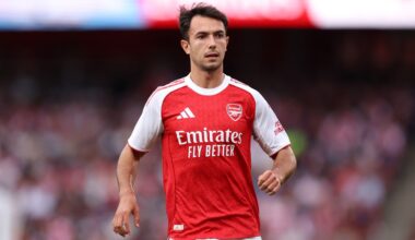 LONDON, ENGLAND: Martin Zubimendi of Arsenal looks on during the pre-season friendly match between Arsenal and Villarreal at Emirates Stadium on Au...