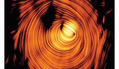 The plasma jet in this distant blazar is threaded by a nearly perfect toroidal magnetic field. High-energy gamma rays and neutrinos are strongly beamed toward Earth, even though the jet appears slow-moving from our perspective. Image Credit: Y.Y. Kovalev et al. 2025 A&amp;A