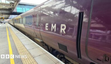 An East Midlands Railway train at Sheffield Station.