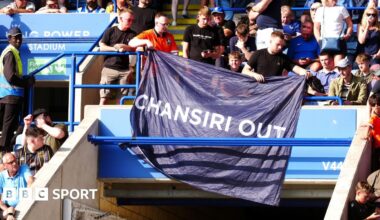 Black banner that says 'SWFC for sale - enough is enough' at the back of a stadium with red seats where numerous people sit
