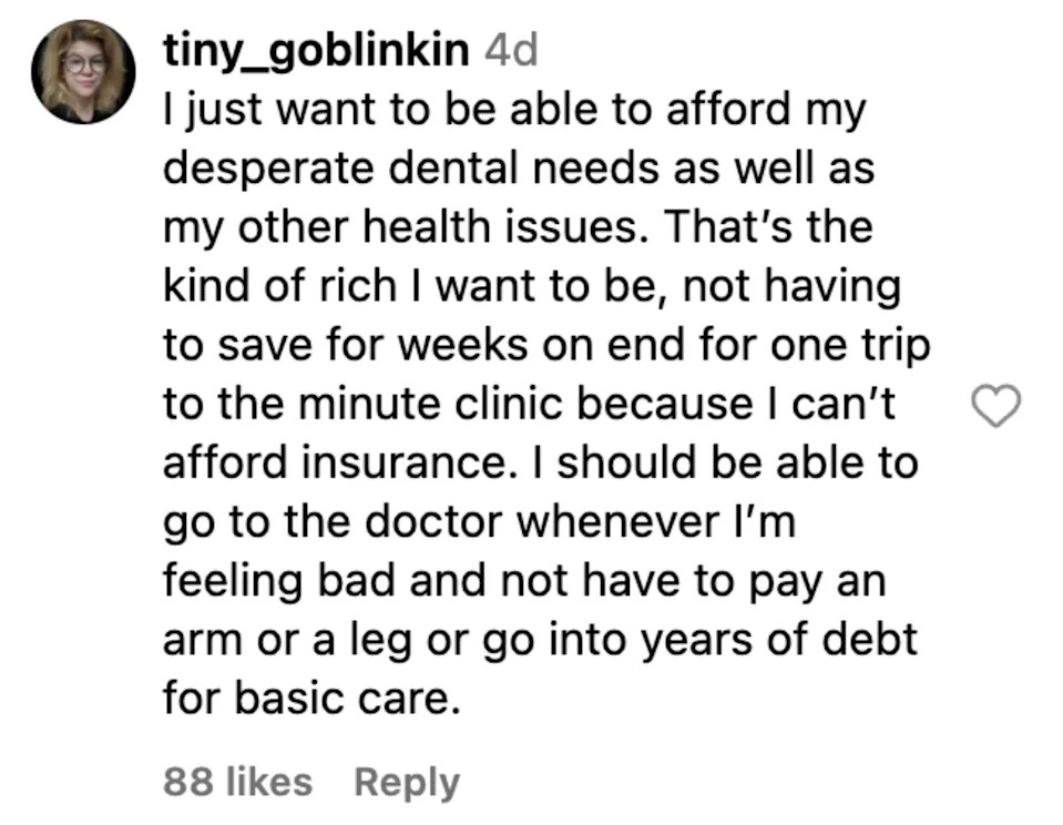 Social media post expressing frustration over the high cost of healthcare and the desire for affordable insurance. 88 likes