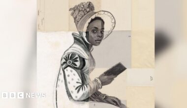 A black and white portrait of Miss Lambe, a fictional character from Jane Austen's final novel, Sanditon. I has been drawn on a patchwork of antique paper, sourced from Harewood House