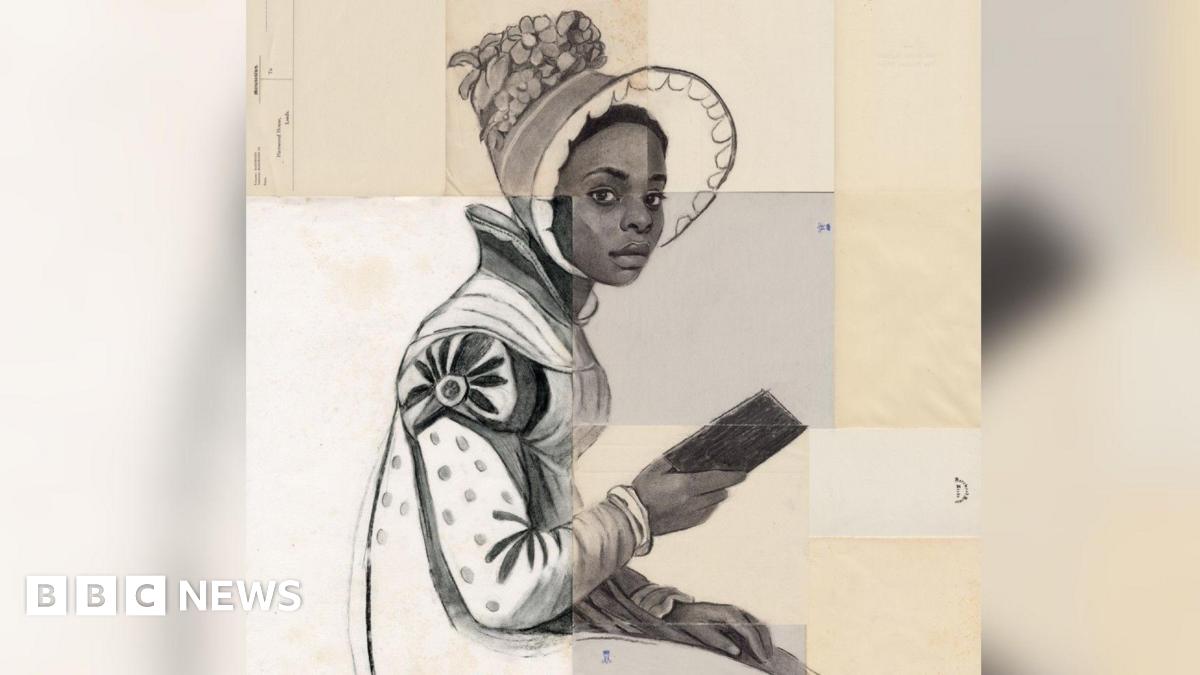 A black and white portrait of Miss Lambe, a fictional character from Jane Austen's final novel, Sanditon. I has been drawn on a patchwork of antique paper, sourced from Harewood House