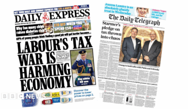 The headline on the front page of the Express reads: "Labour's tax war is harming the economy"