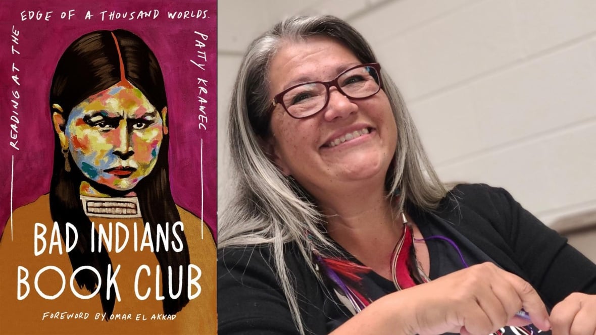 A photo composite that shows a book cover with a drawn portrait of an Indigenous woman with long dark on the left and on the right is a woman with white hair smiling. 