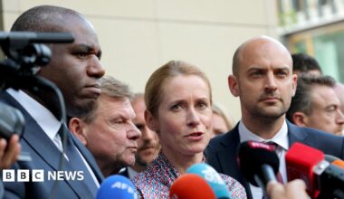 Germany's Foreign Minister Johann Wadephul, France's Minister for Europe and Foreign Affairs Jean-Noel Barrot, and British Foreign Secretary David Lammy stand next to each other speaking to journalists following nuclear talks with Iran in Geneva in June.