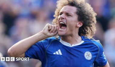 Leicester City defender Wout Faes celebrates scoring the winner against Sheffield Wednesday