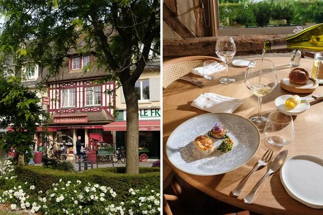 Alex Crétey Systermans From left: A street scene in Pont-l’Évêque; sole with artichokes and olives at Ferme Saint Siméon, an inn in Honfleur.