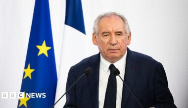 The French prime minister wears a dark jacket and tie and stands in front of a French and European Union flag
