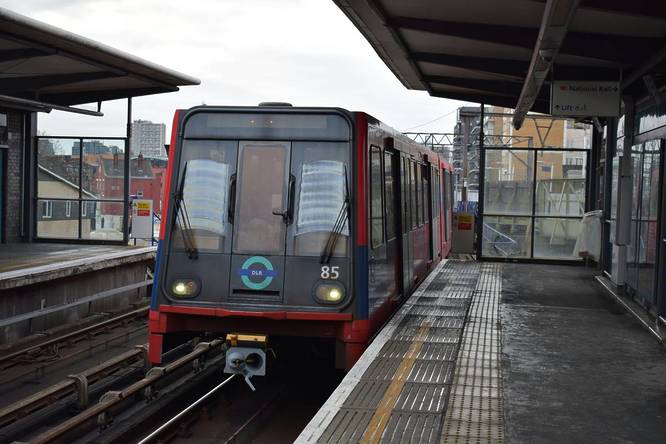 DLR train pulling into a London station