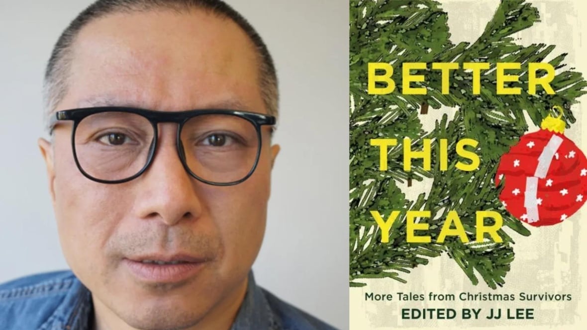 A photo composite that shows a man wearing black framed glasses and a book cover that shows a graphic of a red ball ornament on a Christmas tree. 